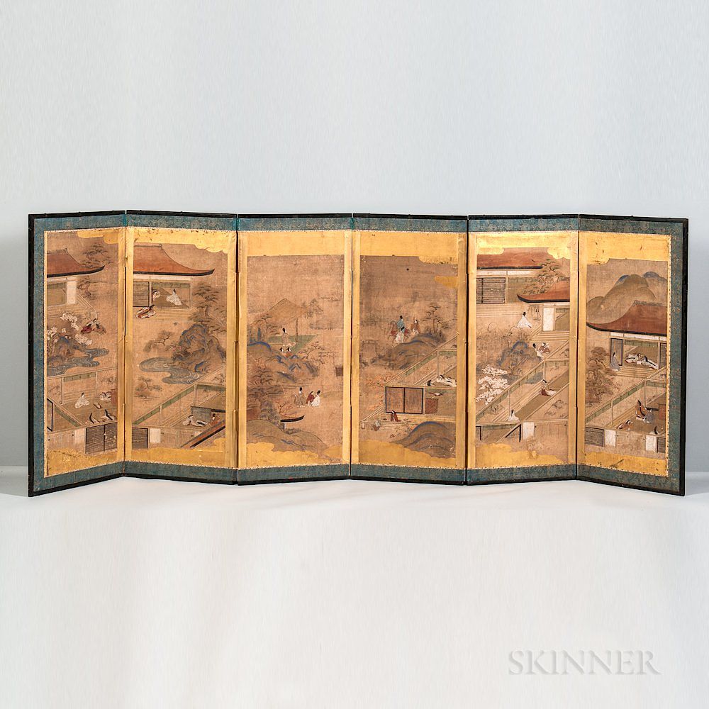 Appraisal: Screen Painting Screen Painting Japan th century six-panel screen depicting