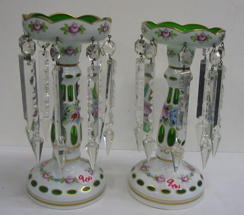 Appraisal: PAIR CZECHOSLOVAKIAN ART GLASS LUSTRES Each hand painted with flowers