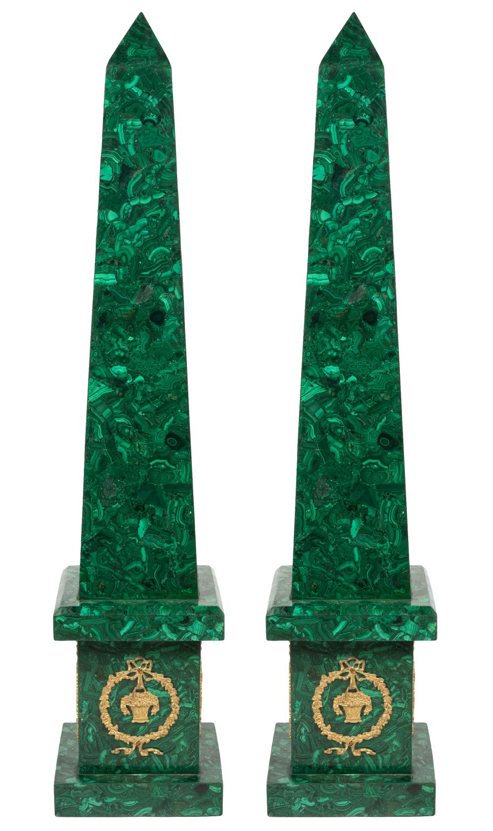 Appraisal: PAIR OF LARGE MALACHITE OBELISKSwith gilt metal mounts inches square