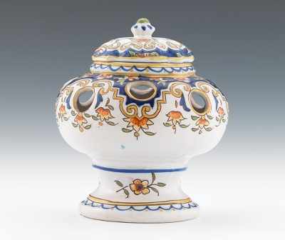 Appraisal: A Faience Bouquetiere with Lid Hand decorated faience potpourri jar