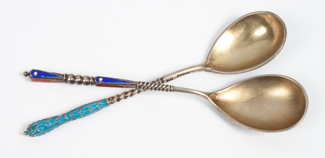 Appraisal: Two Russian cloisonne enamel gilt silver spoons one with Moscow