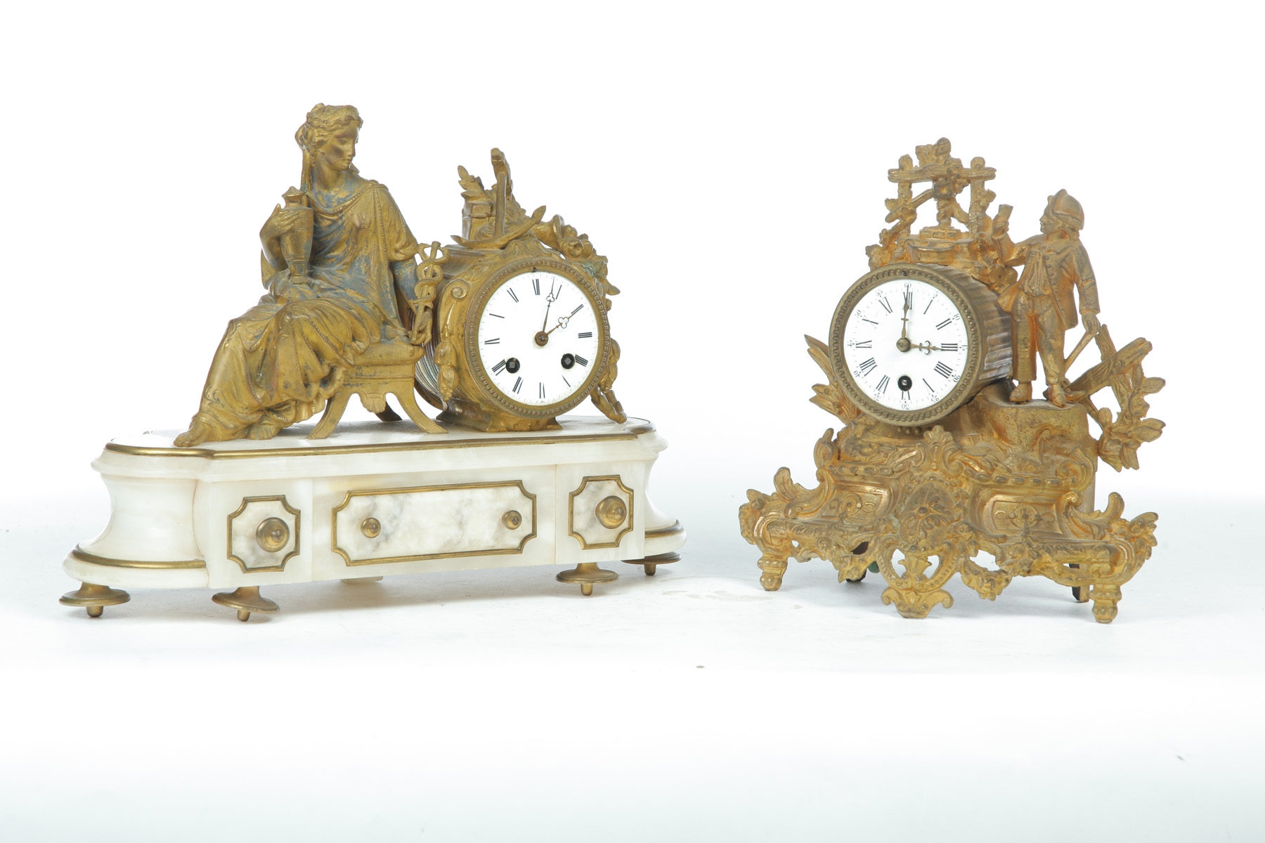 Appraisal: TWO FIGURAL SPELTER CLOCKS European th quarter- th century Seated