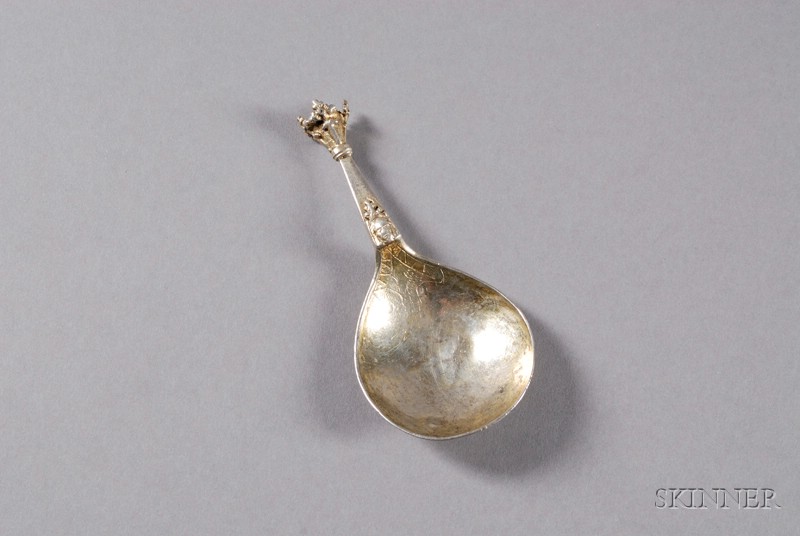 Appraisal: Continental Gold-washed Silver Anointing Spoon th th century with teardrop-shaped