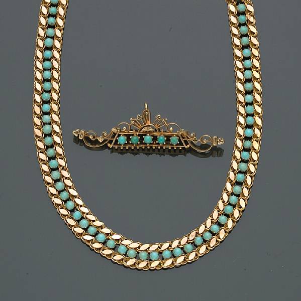 Appraisal: A turquoise necklace and brooch mounted in fourteen karat gold