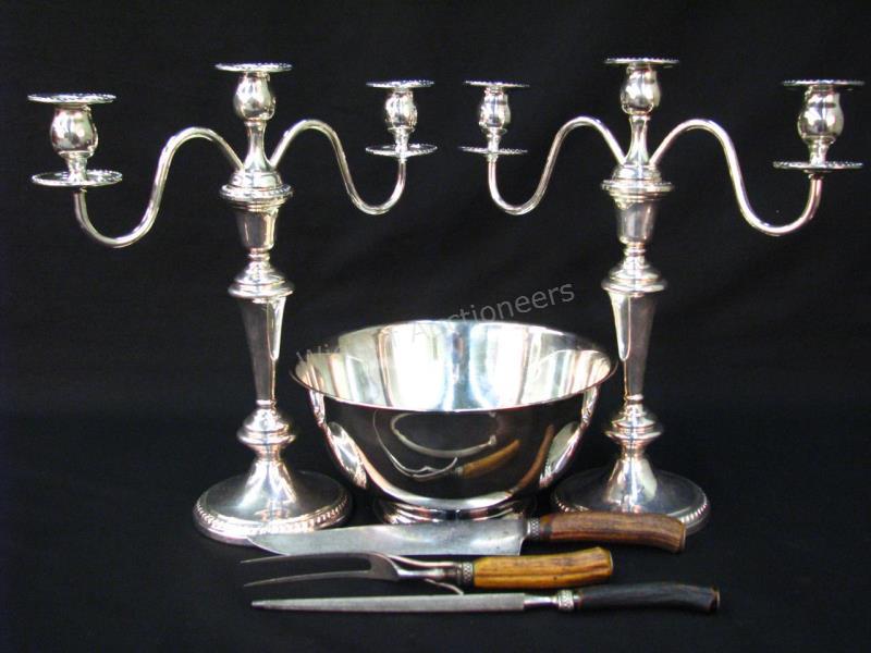 Appraisal: Pair of Silverplate Candelabras and Bowl Pair of Cheshire three