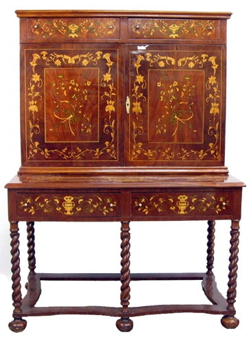 Appraisal: WILLIAM MARY STYLE MAHOGANY AND FLORAL MARQUETRY CABINET-ON-STAND the inlaid