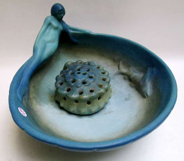 Appraisal: VAN BRIGGLE FIGURAL ART POTTERY BOWL AND FLOWER FROG pieces