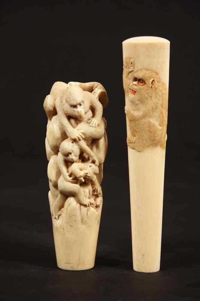 Appraisal: IVORY HANDLES - Two Japanese Ivory Handles the '' Cane