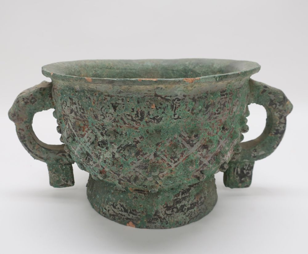 Appraisal: Chinese Pottery -Handled Archaistic Style Vessle With bronze color 'patination'