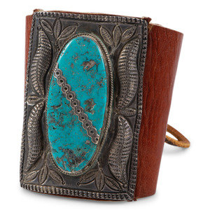 Appraisal: Navajo Stamped Silver and Turquoise Ketoh with Repousse Accents mid-