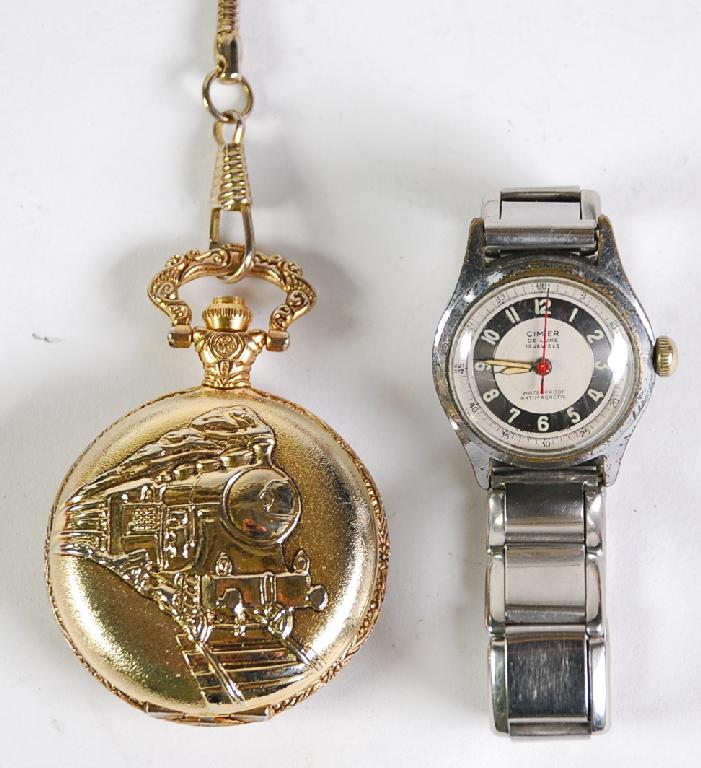 Appraisal: MODERN QUARTZ HUNTER POCKET WATCH in gilt metal case embossed