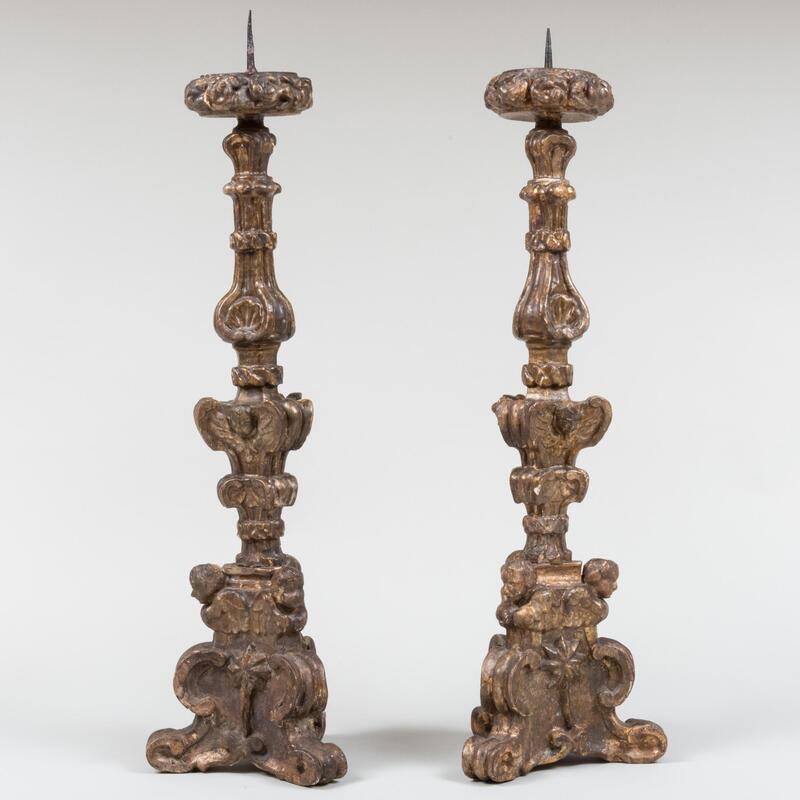 Appraisal: Pair of Large Continental Giltwood Pricket Sticks x x in