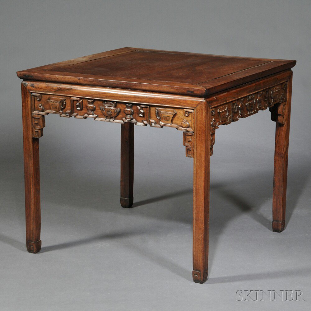 Appraisal: Square Table China th century hardwood top panel set in