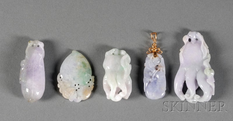 Appraisal: Five Jade Pendants lavender with areas of green two Buddha's