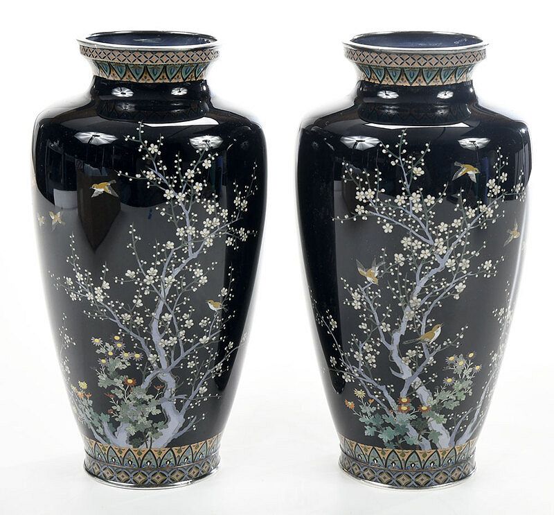 Appraisal: Pair of Japanese Cloisonn Vases probably Meiji period pair elongated