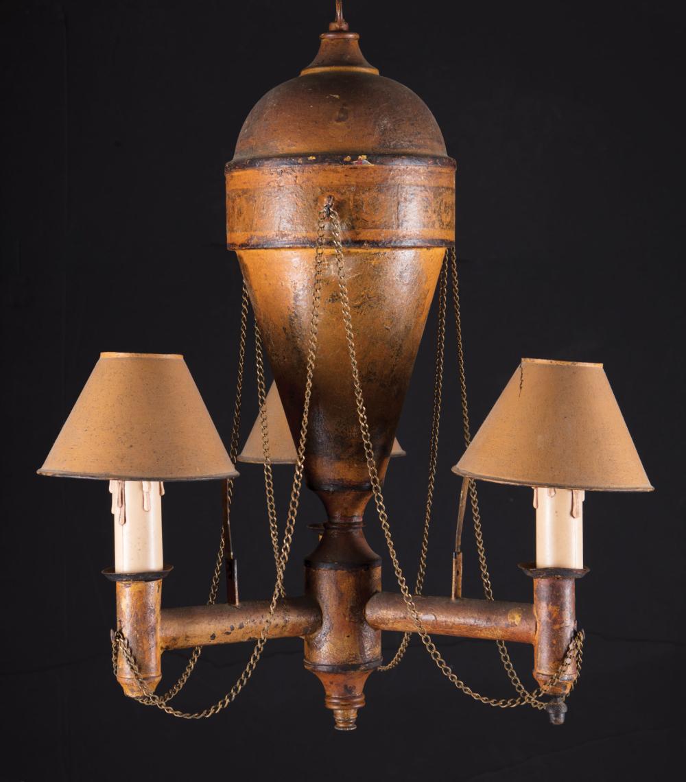 Appraisal: Antique French T le Peinte Three-Light Chandelier vasiform standard electrified