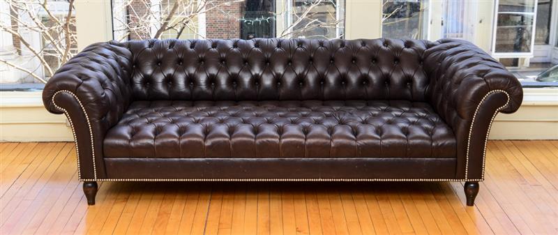 Appraisal: Brass-Studded Tufted Leather Chesterfield Sofa in x ft x in