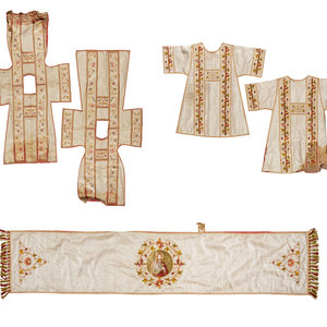 Appraisal: Three Embroidered Vestments and an Altar Cloth th Century Length