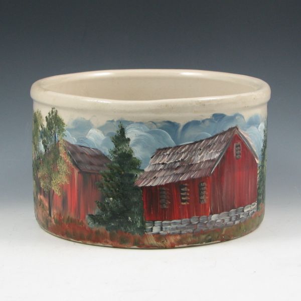 Appraisal: Robinson Ransbottom qt low jar with hand decorated rural scene