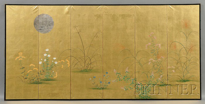 Appraisal: Six-panel Screen Japan Kano School th century ink and colors