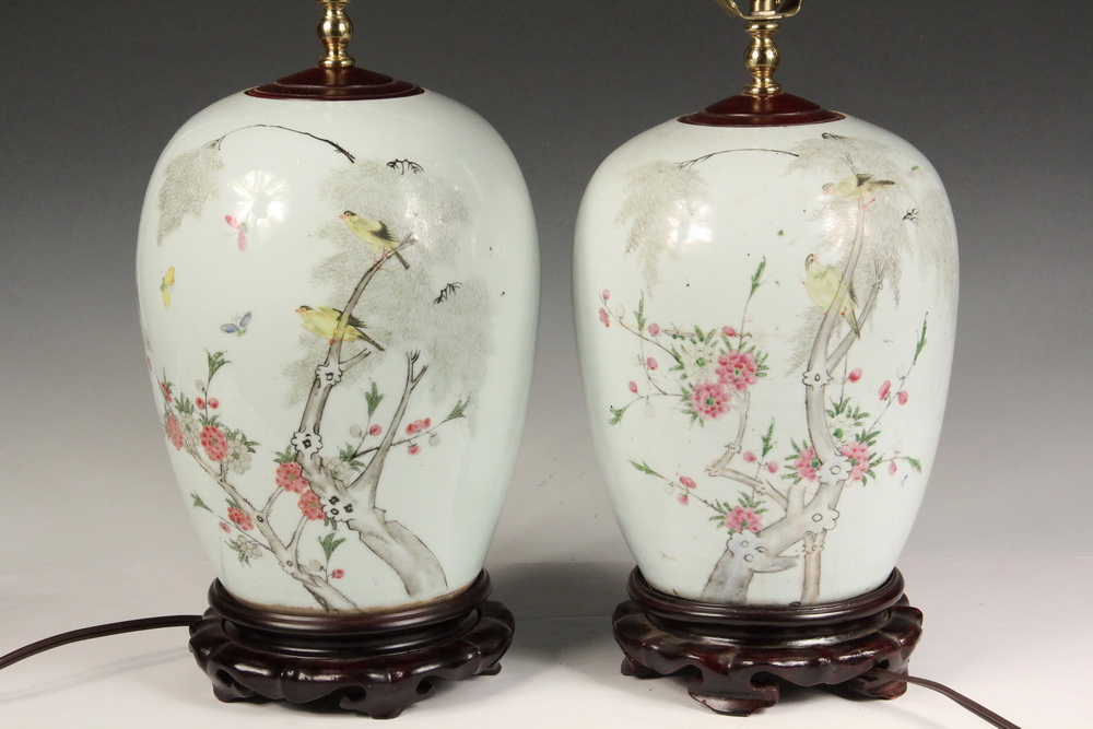 Appraisal: PAIR OF CHINESE GINGER JARS AS LAMPS - Qing Dynasty