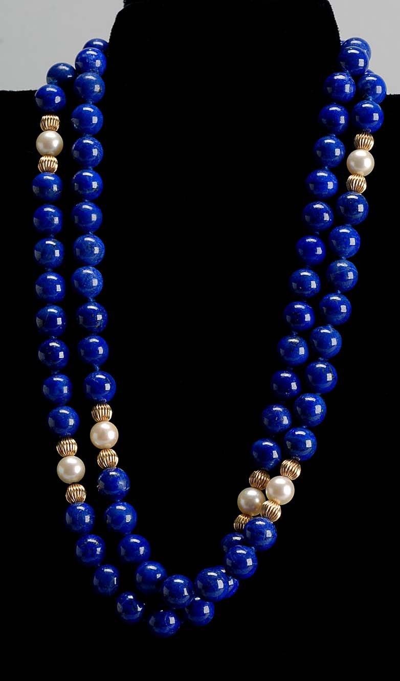 Appraisal: LAPIS PEARL AND GOLD BEAD NECKLACE Beads and mount in