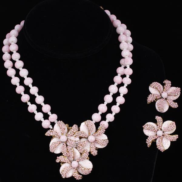 Appraisal: Miriam Haskell pc Pink Glass Beaded Flower Cluster Double Strand