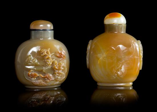 Appraisal: Sale Lot Two Carved Agate Snuff Bottles the first of