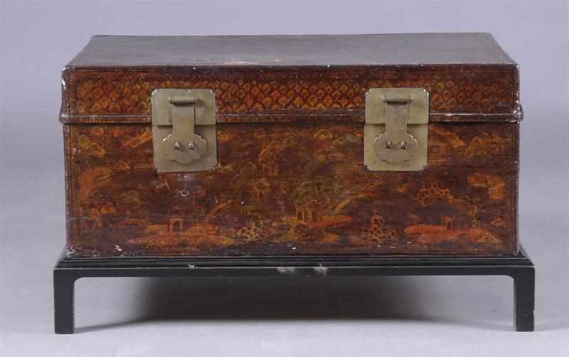 Appraisal: CHINESE METAL-MOUTED BURGUNDY LACQUER AND PARCEL-GILT TRUNK The rectangular top