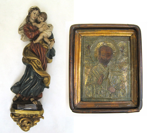 Appraisal: RUSSIAN TH CENTURY ICON plus Austrian carved wood statue of