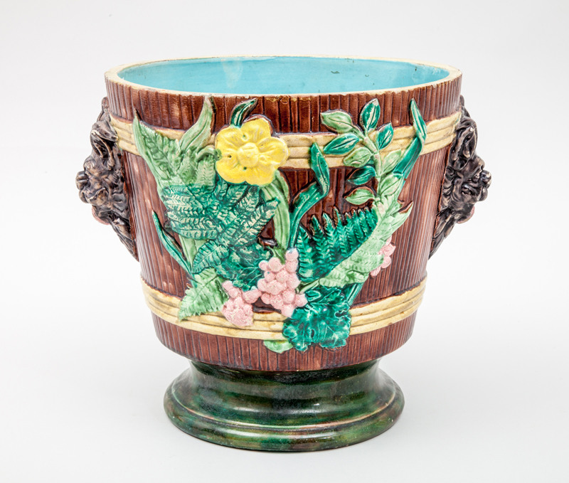 Appraisal: CONTINENTAL NATURALISTIC POLYCHROME MAJOLICA CACHE POT Glazed ceramic unmarked x