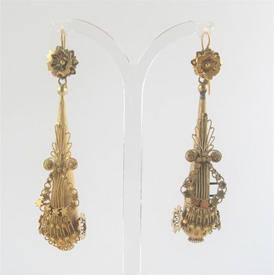 Appraisal: A pair of pierced and filigree work gold drop earrings