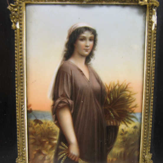 Appraisal: CONTINENTAL PAINTING ON PORCELAIN Rectangular depicting Ruth signed Wagner framed