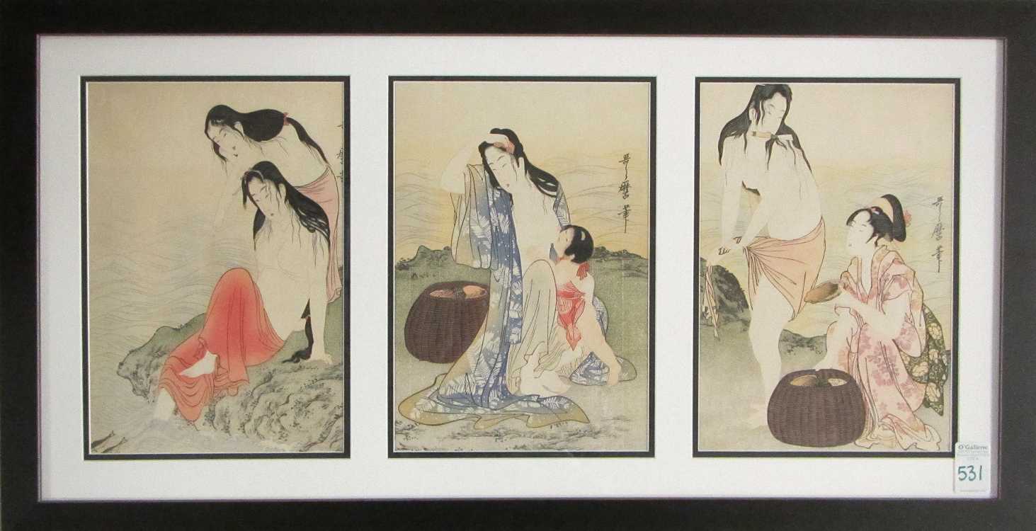 Appraisal: AFTER KITAGAWA UTAMARO THREE WOODCUTS Japan circa - Geishas Oban