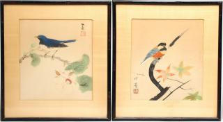 Appraisal: Pair of Chinese Inks on Silk Bird Paintings Each with