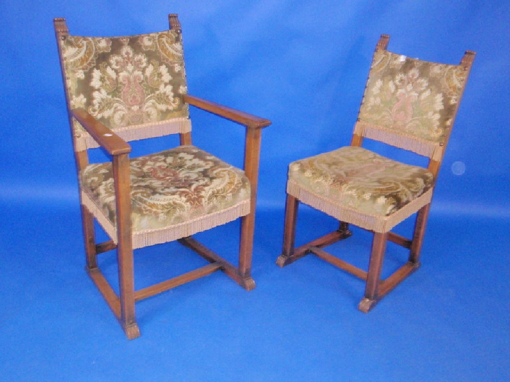 Appraisal: A set of six oak framed dining chairs inc carvers