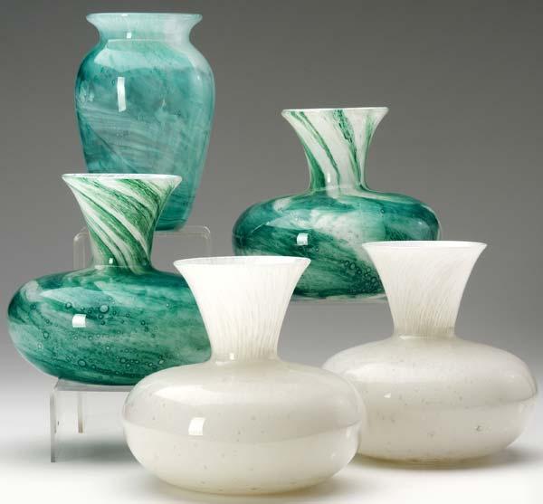 Appraisal: DURAND Five Cluthra glass vases in white or green-blue All