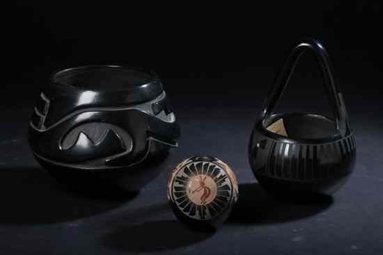 Appraisal: THREE SANTA CLARA PUEBLO BLACKWARE POTS Including one with incised