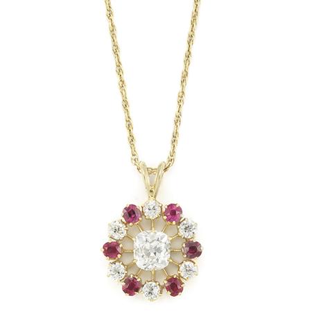 Appraisal: Gold Diamond and Ruby Pendant with Gold-Filled Chain Estimate -