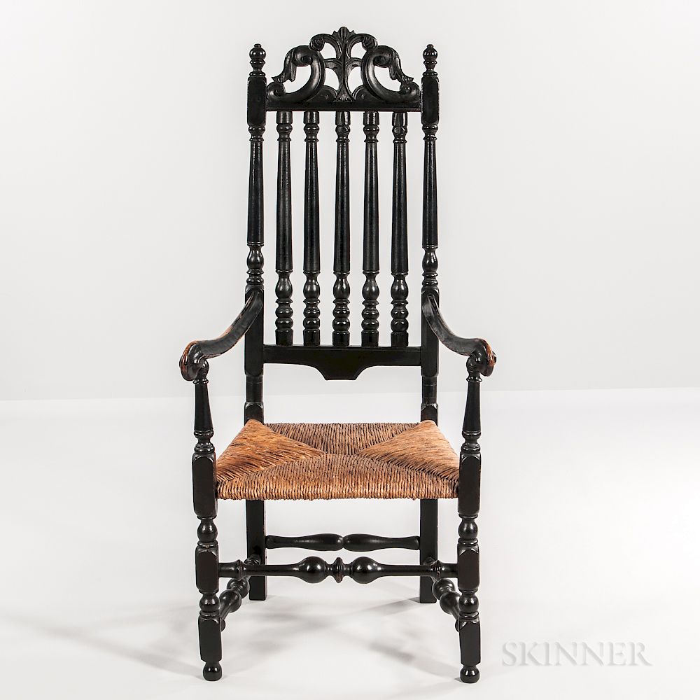 Appraisal: Black-painted Carved Prince of Wales-crested Armchair Black-painted Carved Prince of