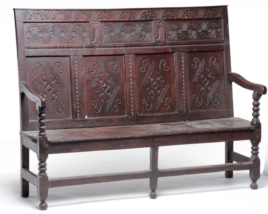 Appraisal: EUROPEAN HIGH-BACK SETTLE BENCH Mid th century oak In the