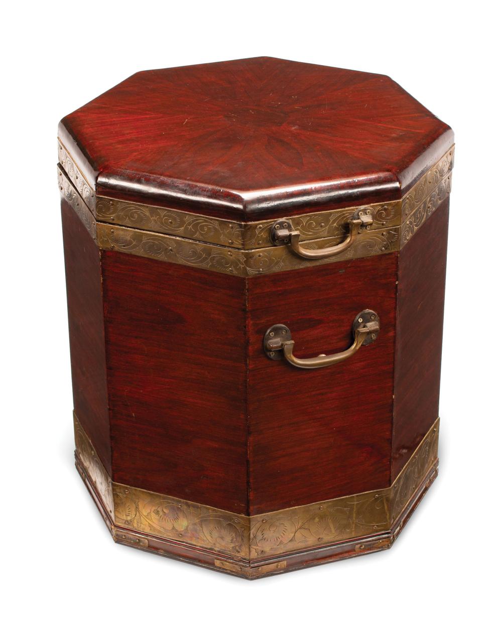 Appraisal: English Brass-Mounted Mahogany Octagonal Box hinged cover lined interior loop