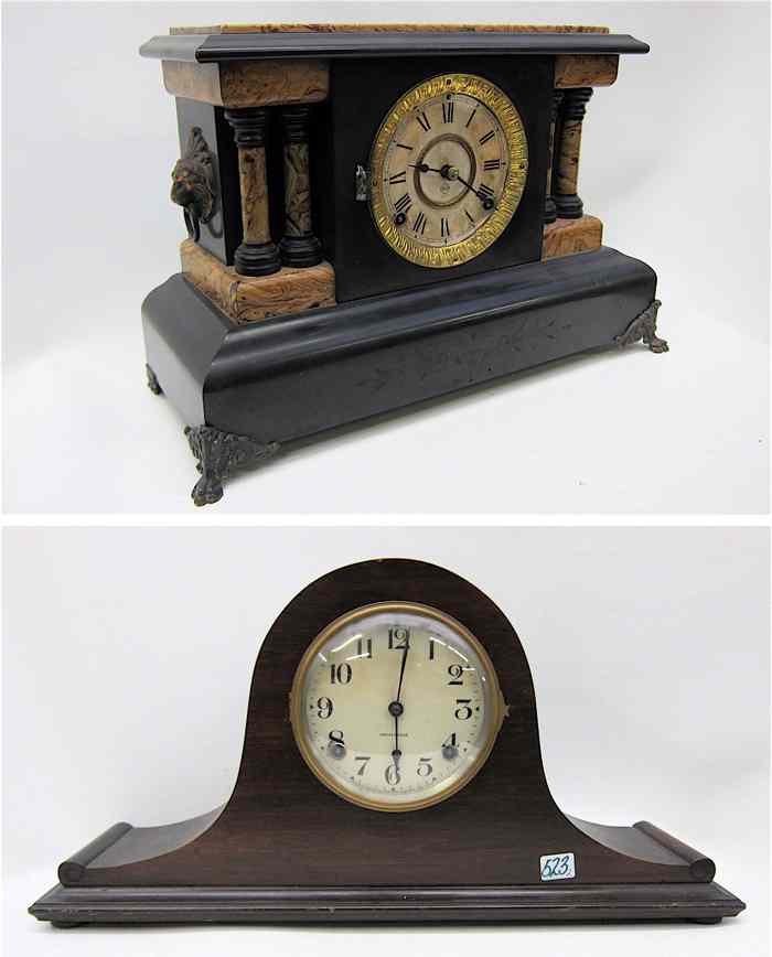 Appraisal: TWO AMERICAN MANTEL CLOCKS One is an ebonized clock with