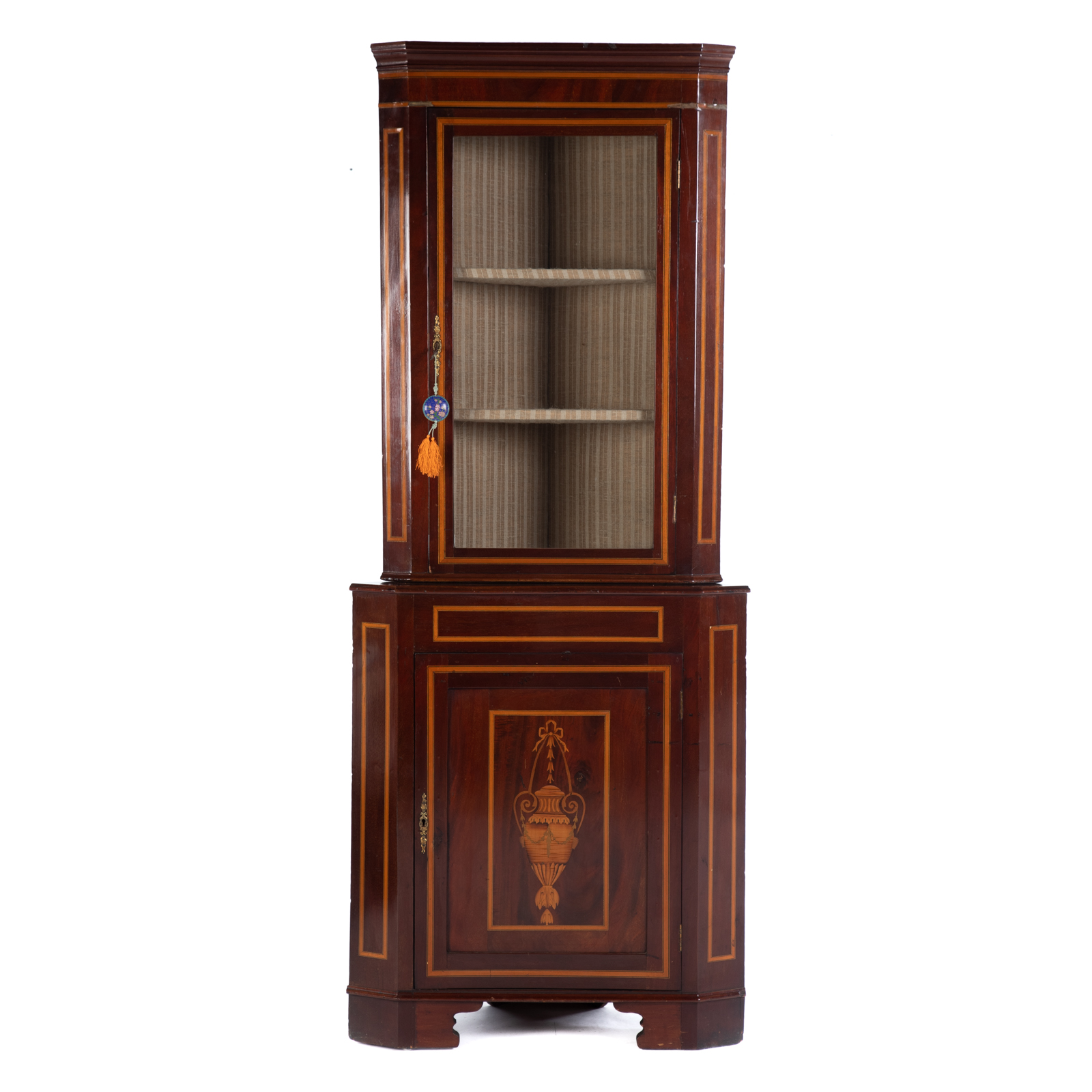 Appraisal: GEORGE IV STYLE MAHOGANY INLAID CORNER CUPBOARD Two-piece cabinet with