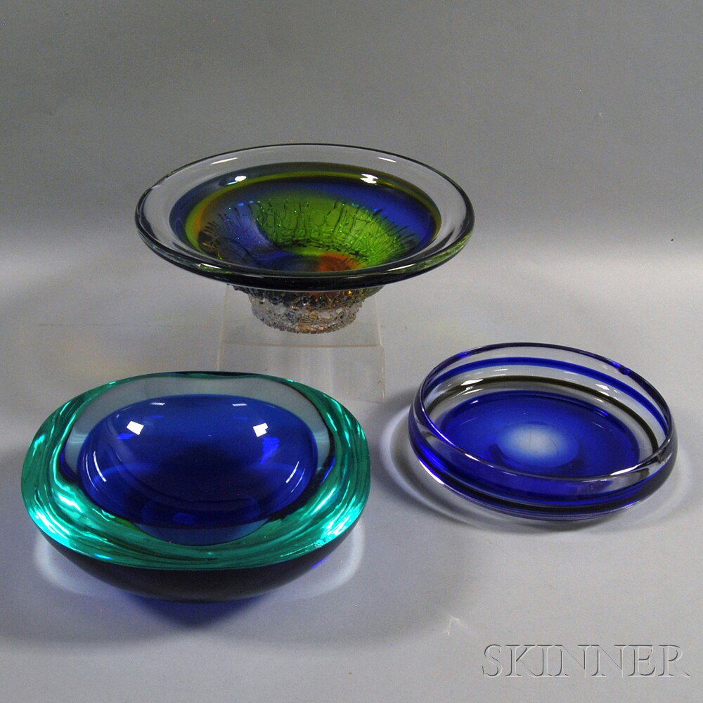 Appraisal: Three Colored Art Glass Bowls th century Orrefors Kosta and