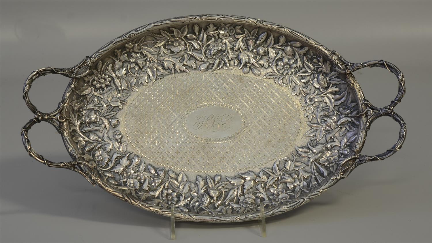 Appraisal: Repousse sterling silver serving tray retailed by JE Caldwell heavy