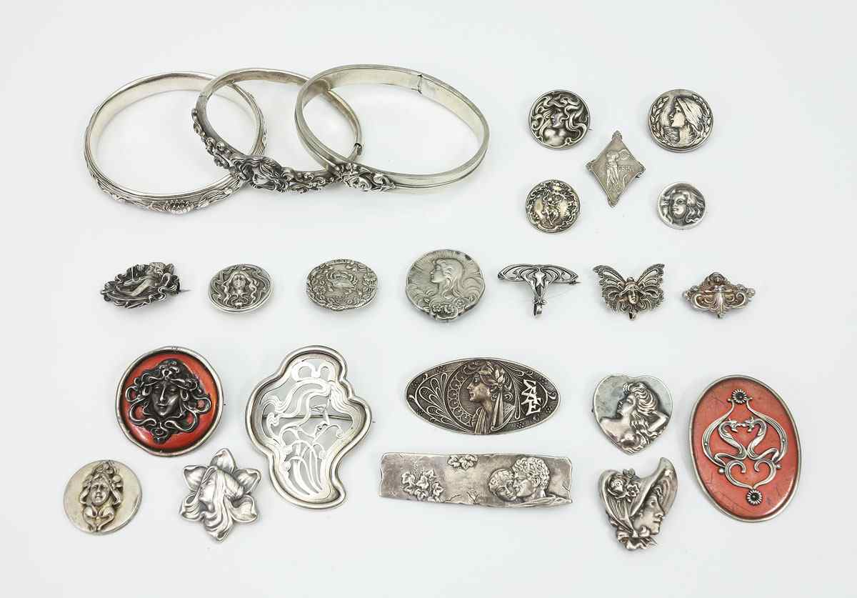 Appraisal: ART NOUVEAU STERLING SILVER PINS To include medium and larger