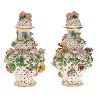 Appraisal: Pair Meissen porcelain potpourri vases and covers Pair Meissen porcelain