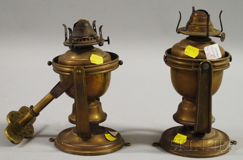 Appraisal: Pair of Ship's Brass Kerosene Gimbal Wall Lamps ht dp