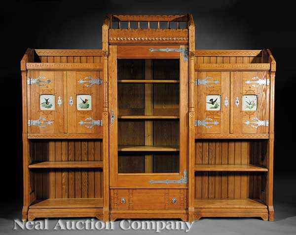 Appraisal: An American Aesthetic Carved Oak Breakfront Bookcase late th c